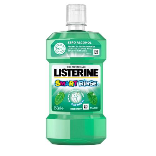 Listerine Smart Rinse Mild Mint Mouthwash 250 ml ústna voda bez alkoholu pre svieži dych a ochranu zubov pre deti