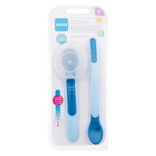 MAM Heat Sensitive Spoons  Cover 6m Blue lyžičky s indikátorom príliš horúceho jedla pre deti dlhá lyžica 1 ks  krátka lyžica 1 ks  puzdro na lyžice