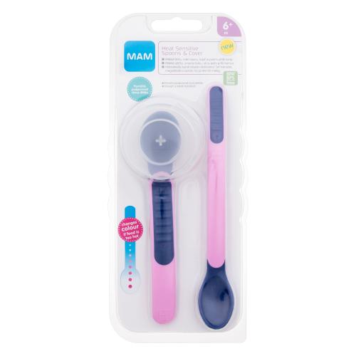 MAM Heat Sensitive Spoons  Cover 6m Pink lyžičky s indikátorom príliš horúceho jedla pre deti dlhá lyžica 1 ks  krátka lyžica 1 ks  puzdro na lyžice