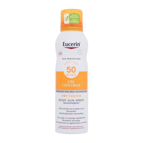 Eucerin Sun Oil Control Body Sun Spray Dry Touch SPF50 200 ml vodoodolný transparentný sprej na opaľovanie pre aknóznu pokožku unisex