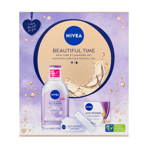Nivea Beautiful Time darčeková kazeta proti vráskam pre ženy denný pleťový krém Anti-Wrinkle  Contouring SPF30 50 ml  micelárna voda Soothing Micellar Water 400 ml