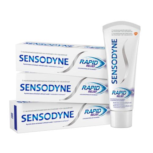Sensodyne Rapid Relief Trio zubná pasta pre rýchlu úľavu od bolesti citlivých zubov unisex zubná pasta 3 x 75 ml