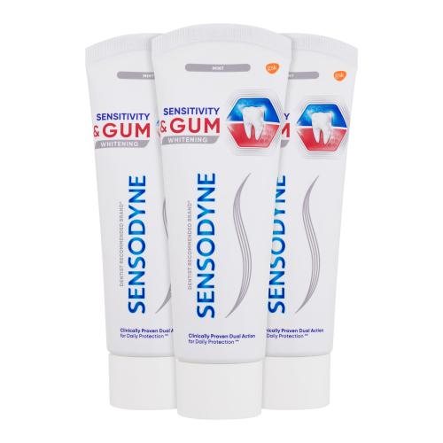 Sensodyne Sensitivity  Gum Whitening Trio bieliaca zubná pasta na úľavu od bolesti zubov a zlepšenie zdravia ďasien unisex zubná pasta 3 x 75 ml