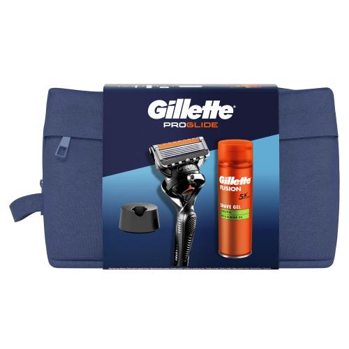 Gillette ProGlide darčeková kazeta pre mužov holiaci strojček ProGlide 1 ks  gél na holenie Fusion Shave Gél Sensitive 200 ml  držiak na holiaci strojček  kozmetická taštička