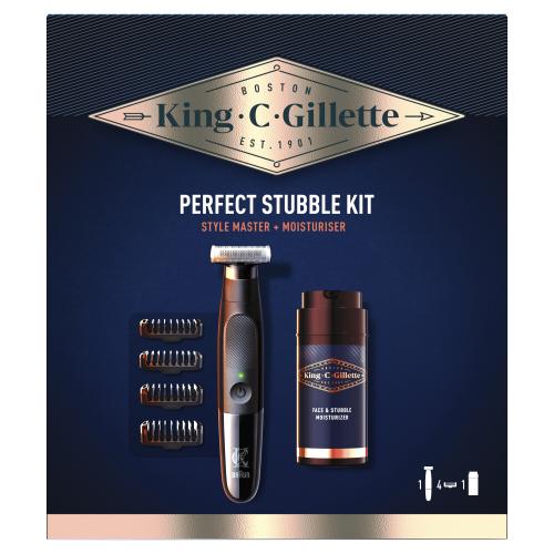 Gillette King C. Style Master Kit darčeková kazeta pre mužov zastrihávač fúzov Style Master 1 ks  výmenné hrebeňové nadstavce 4 ks  hydratačný krém King C Gillette 100 ml
