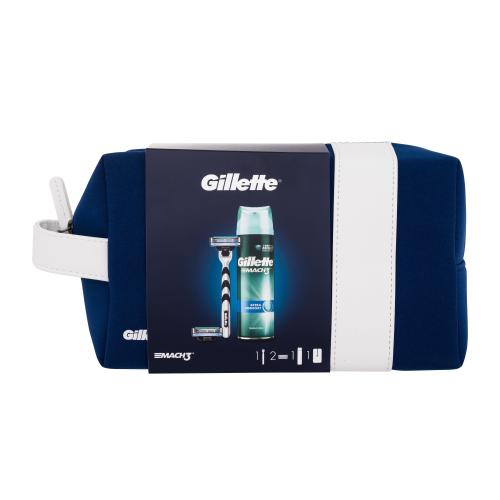 Gillette Mach3 darčeková kazeta pre mužov holiaci strojček 1 ks  náhradné hlavice 2 ks  gél na holenie Extra Comfort 75 ml  kozmetická taštička
