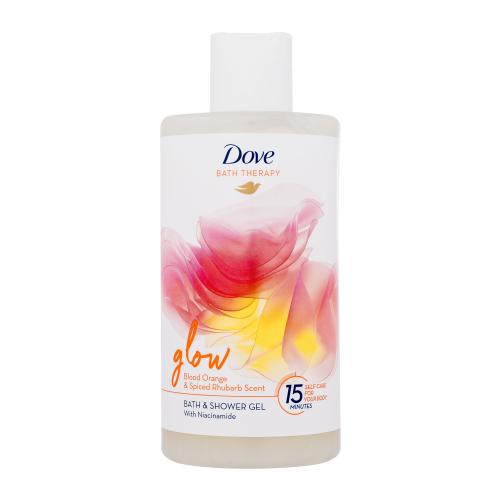 Dove Bath Therapy Glow Bath  Shower Gel 400 ml sprchovací gél a pena do kúpeľa s vôňou červeného pomaranča a rebarbory pre ženy