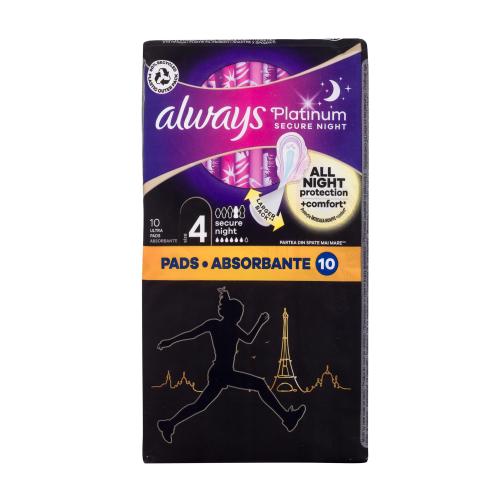 Always Platinum Secure Night nočné hygienické vložky s krídelkami a jemnou vôňou pre ženy nočná hygienická vložka s krídelkami 10 ks