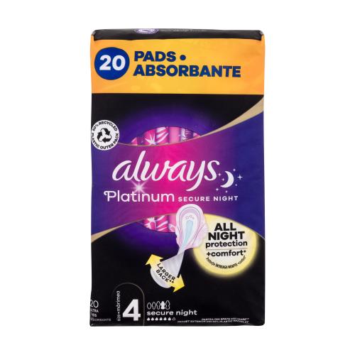 Always Platinum Secure Night nočné hygienické vložky s krídelkami a jemnou vôňou pre ženy nočná hygienická vložka s krídelkami 20 ks