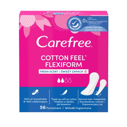 Carefree Cotton Feel Flexiform Fresh Scent intímky bez parfumácie vhodné na bežnú spodnú bielizeň a tangá pre ženy slipová vložka 56 ks
