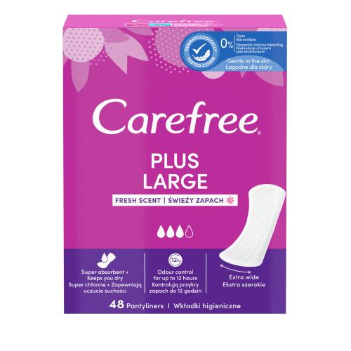 Carefree Plus Large Fresh Scent intímky so sviežou vôňou a vysokou absorpciou pre ženy slipová vložka 48 ks
