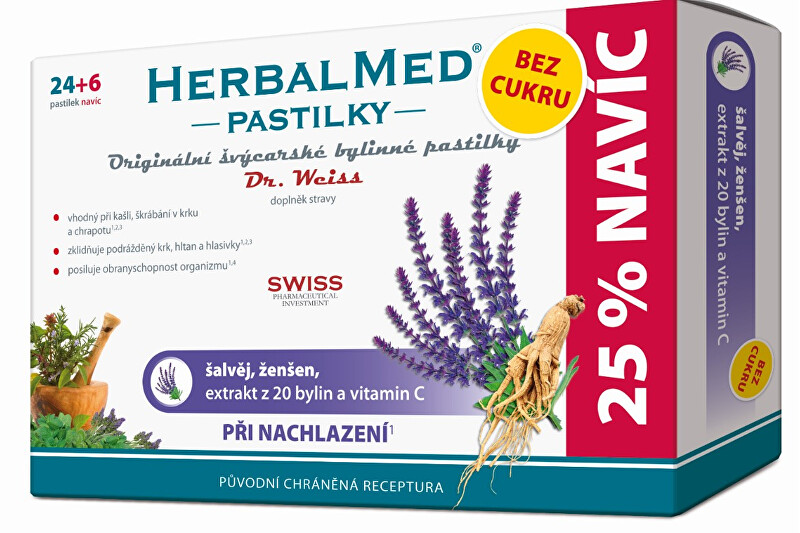 Simply You HerbalMed pastilky Dr. Weiss pri nachladnutí bez cukru 24 pastiliek   6 pastiliek ZADARMO