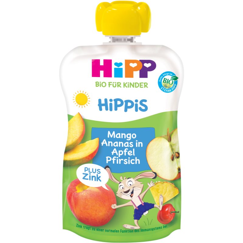 Hipp HiPPis BIO jablko - broskyňa - mango - ananas  zinok detský príkrm 100 g
