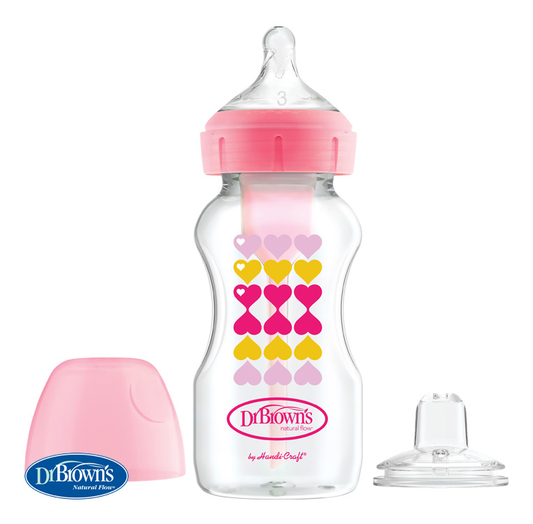 Dojčenská antikoliková fľaša Options Wide-Neck 270ml 2v1 ružová s náustkom