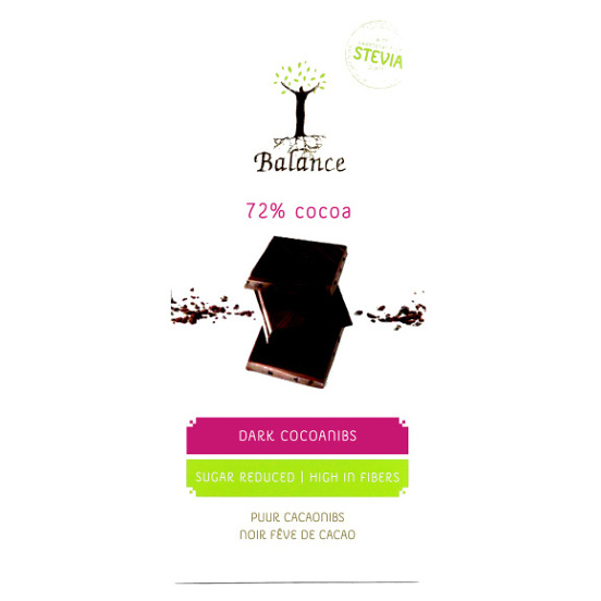 BALANCE Horká čokoláda 72  percent s kakaovými zrnami a stéviou bez pridaného cukru 85 g