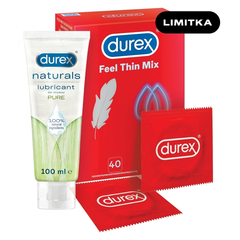DUREX Feel thin mix 40 kusov  Naturals pure lubrikačný gel 100 ml ZADARMO