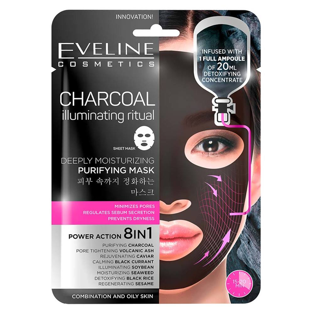 EVELINE Charcoal Hydratačná pleťová textilná maska s uhlím 20 ml